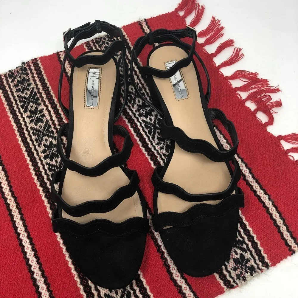 INC International Concepts Black Triple Wavy Strap Ankle Strap Heel Sandals 10M